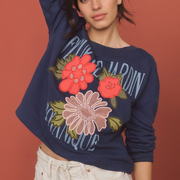 Anthropologie Tops - Anthropologie 100% Cotton Floral Appliqué Pullover Sweatshirt Boxy Cozy Size M